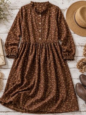 Brown Floral Cottagecore Midi Dress Women's Long Sleeve Boho Prairie Fall Dress